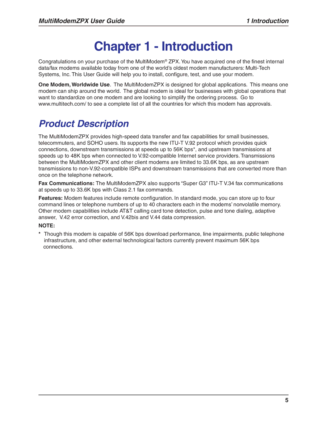 Multi-Tech Systems MT5634ZPX-V.92-ISA manual Introduction 