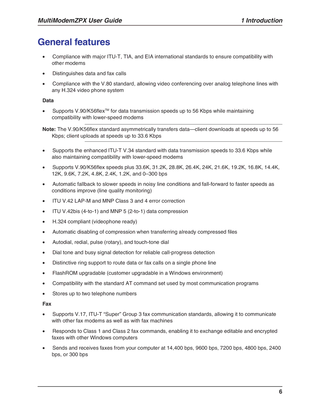 Multi-Tech Systems MT5634ZPX-V.92-ISA manual General features, Data 