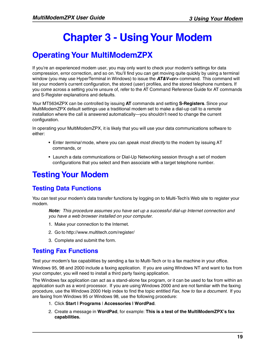 Multi-Tech Systems MT5634ZPX-V.92-ISA manual Using Your Modem, Operating Your MultiModemZPX, Testing Your Modem 