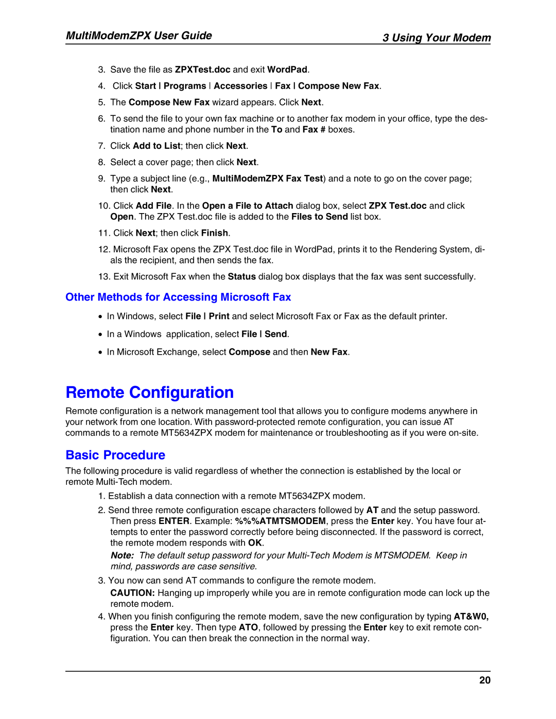 Multi-Tech Systems MT5634ZPX-V.92-ISA Remote Configuration, Basic Procedure, Other Methods for Accessing Microsoft Fax 