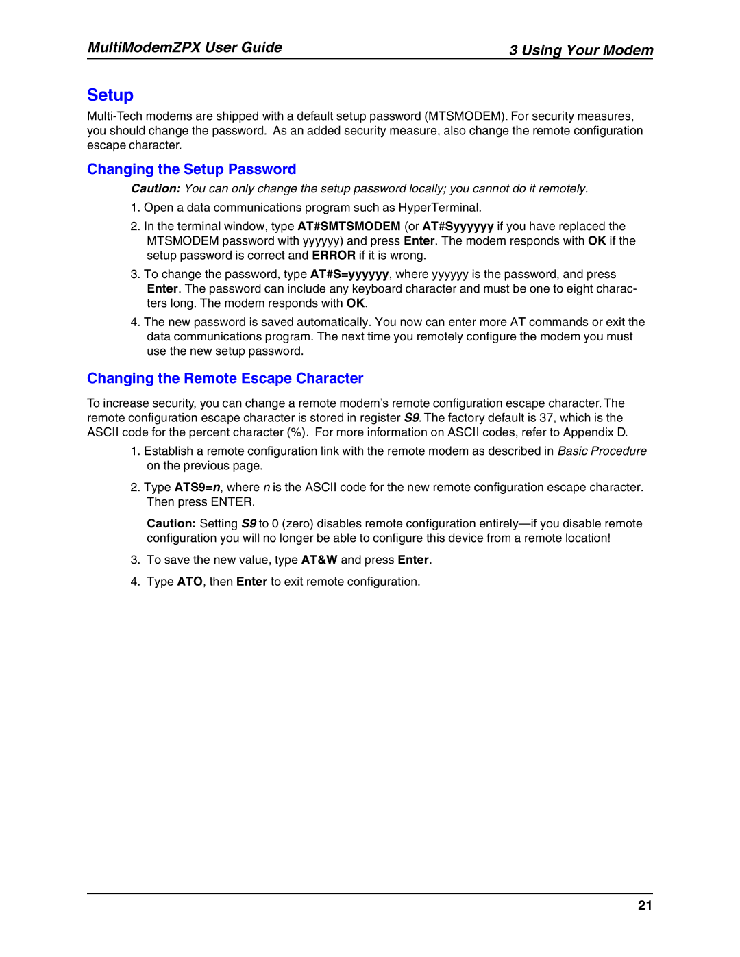 Multi-Tech Systems MT5634ZPX-V.92-ISA manual Changing the Setup Password, Changing the Remote Escape Character 