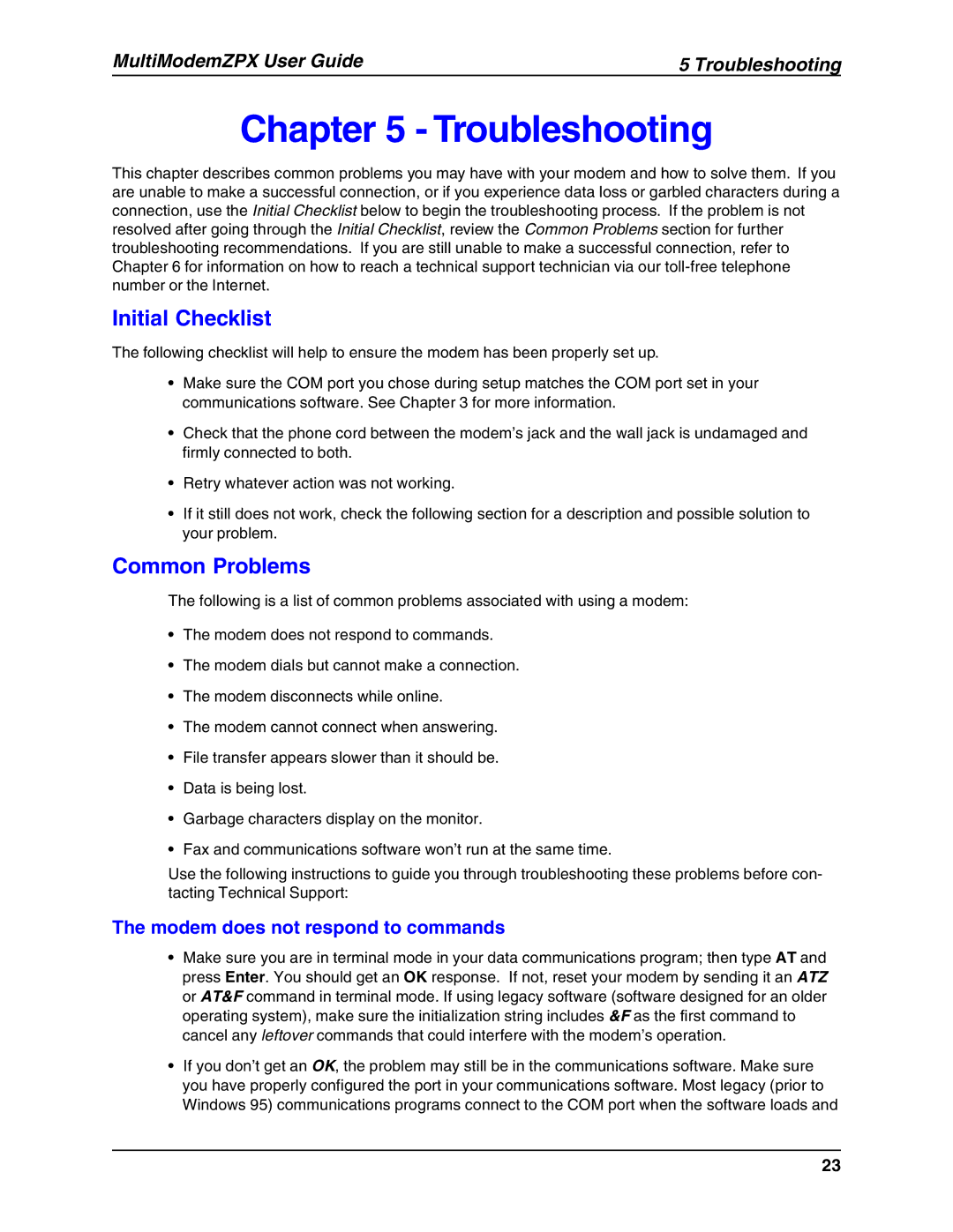 Multi-Tech Systems MT5634ZPX-V.92-ISA manual Troubleshooting, Initial Checklist, Common Problems 