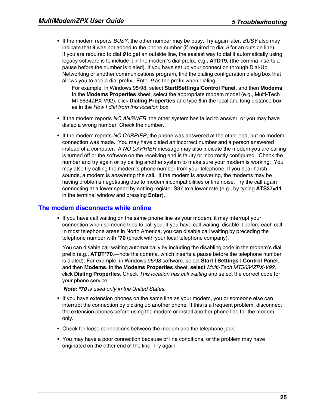 Multi-Tech Systems MT5634ZPX-V.92-ISA manual Modem disconnects while online 