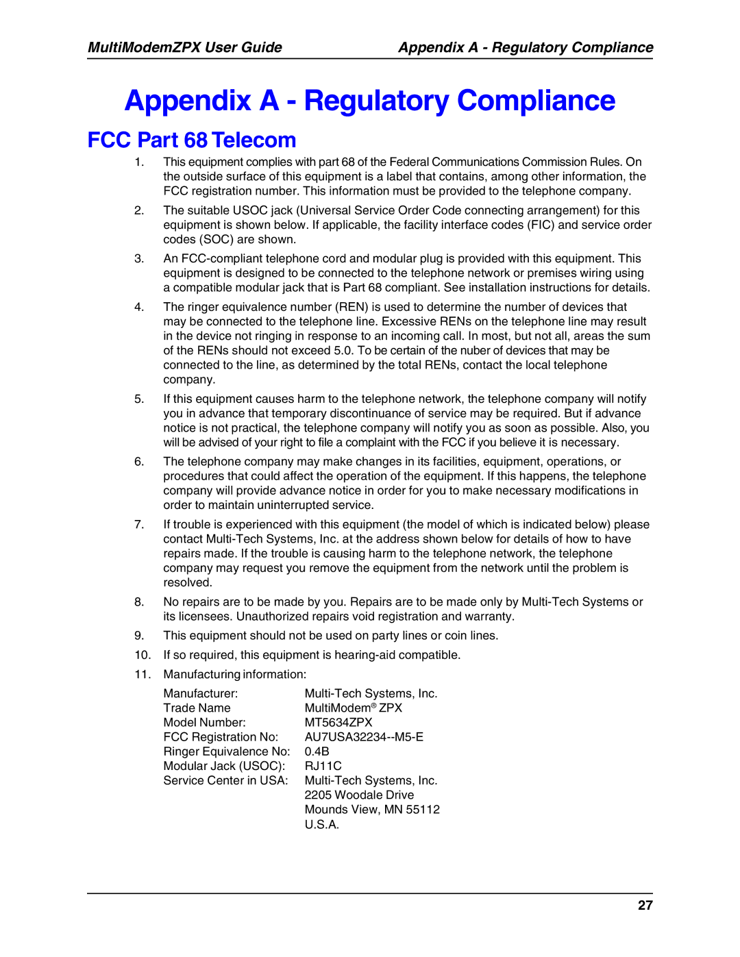 Multi-Tech Systems MT5634ZPX-V.92-ISA manual Appendix a Regulatory Compliance, FCC Part 68 Telecom 