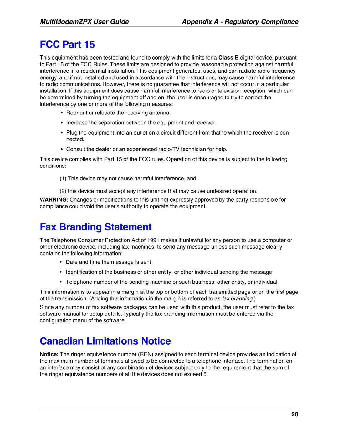 Multi-Tech Systems MT5634ZPX-V.92-ISA manual FCC Part, Fax Branding Statement, Canadian Limitations Notice 