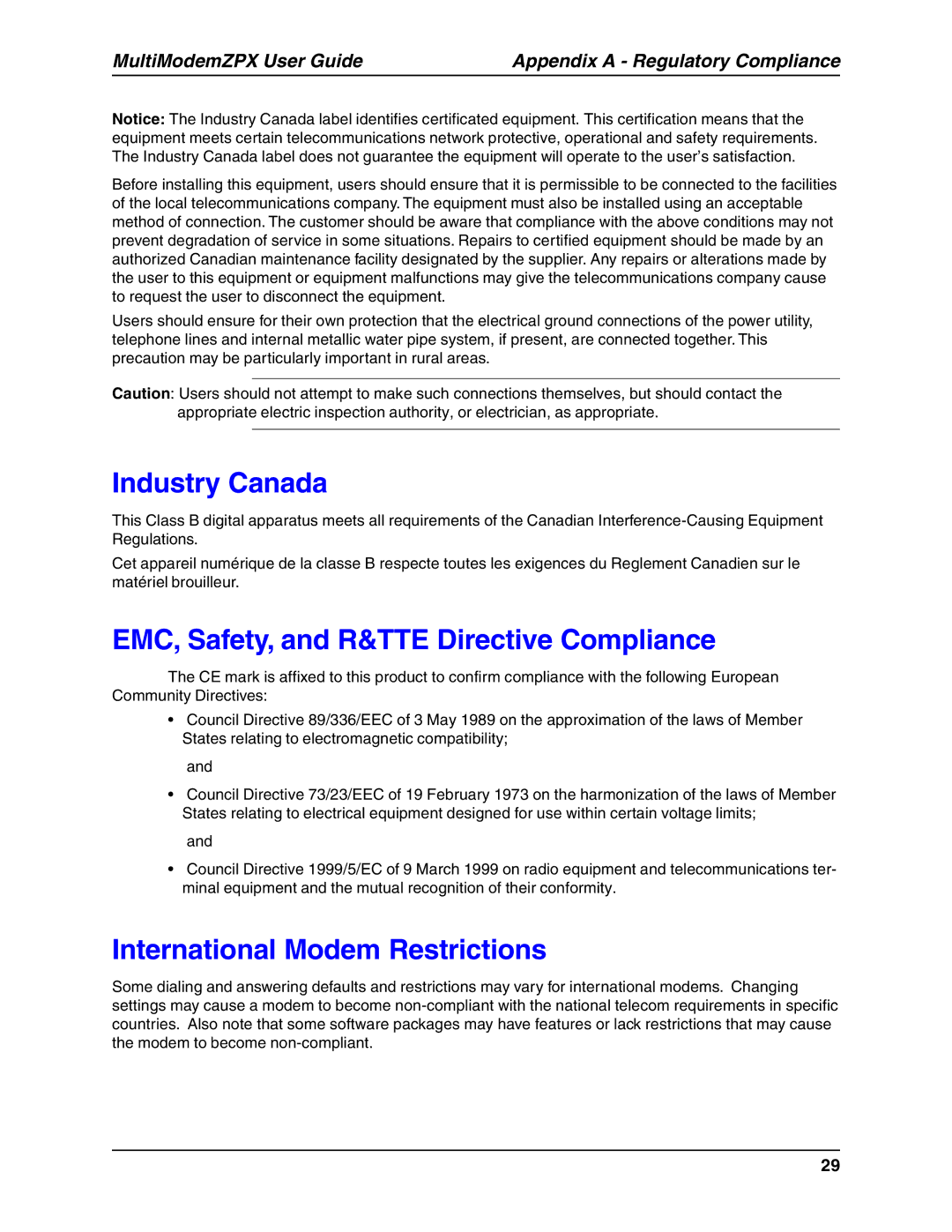 Multi-Tech Systems MT5634ZPX-V.92-ISA manual Industry Canada, EMC, Safety, and R&TTE Directive Compliance 