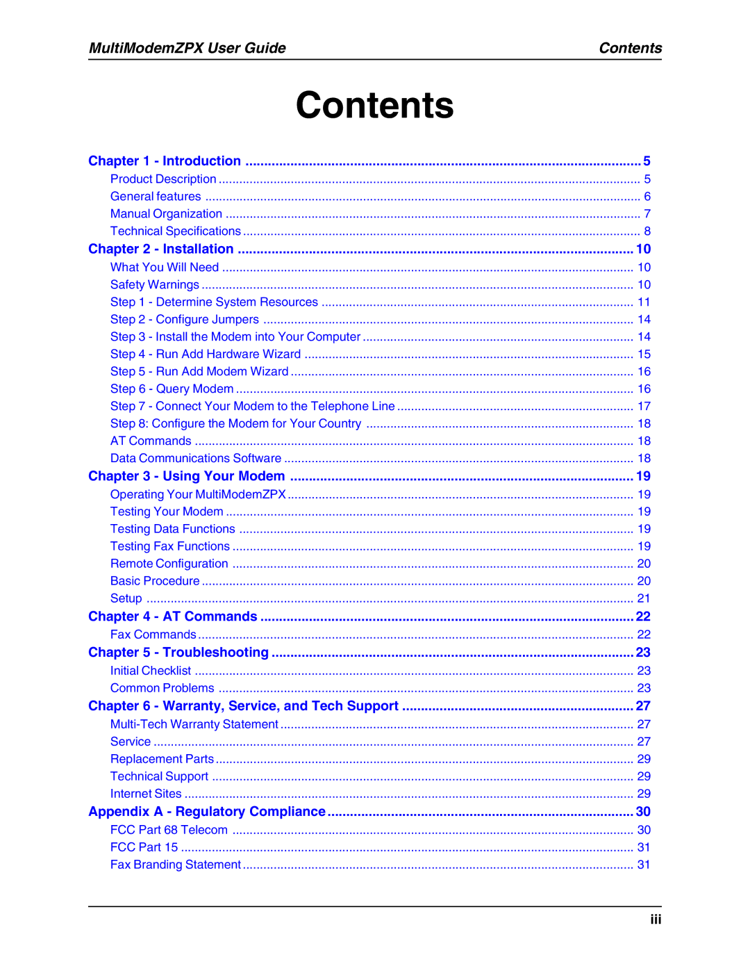 Multi-Tech Systems MT5634ZPX-V.92-ISA manual Contents 