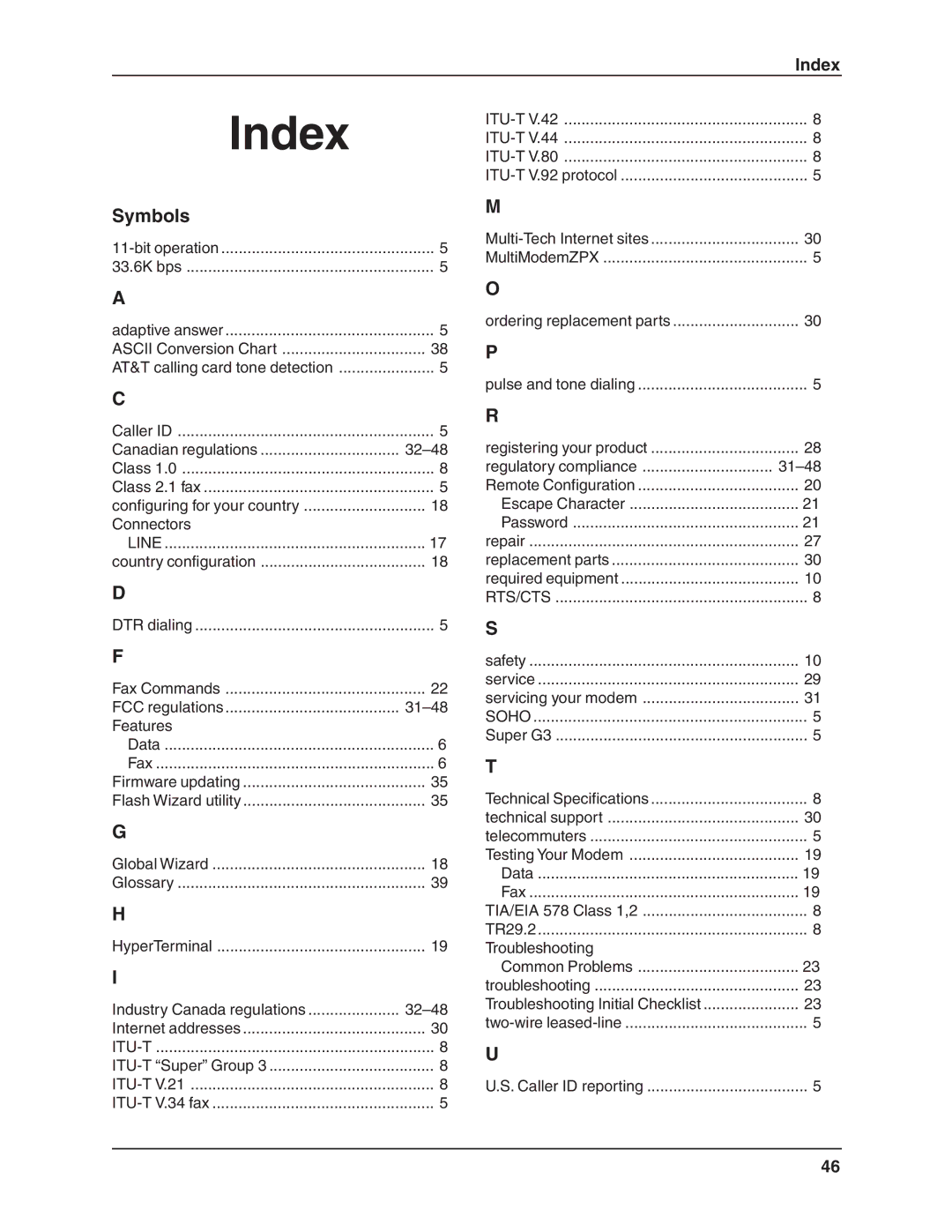 Multi-Tech Systems MT5634ZPX-V.92-ISA manual Index 