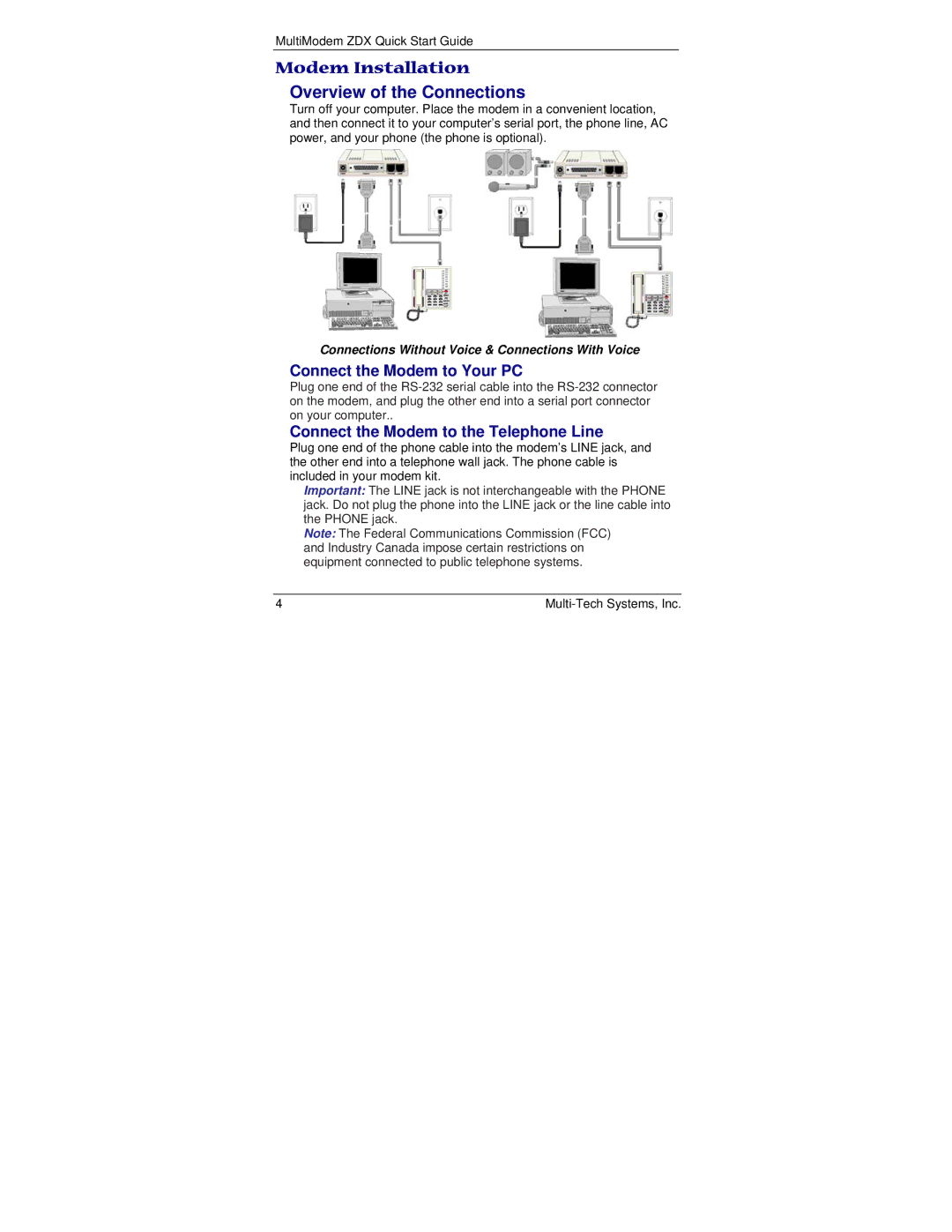 Multi-Tech Systems MT5656ZDX Series quick start Modem Installation, Connect the Modem to Your PC 