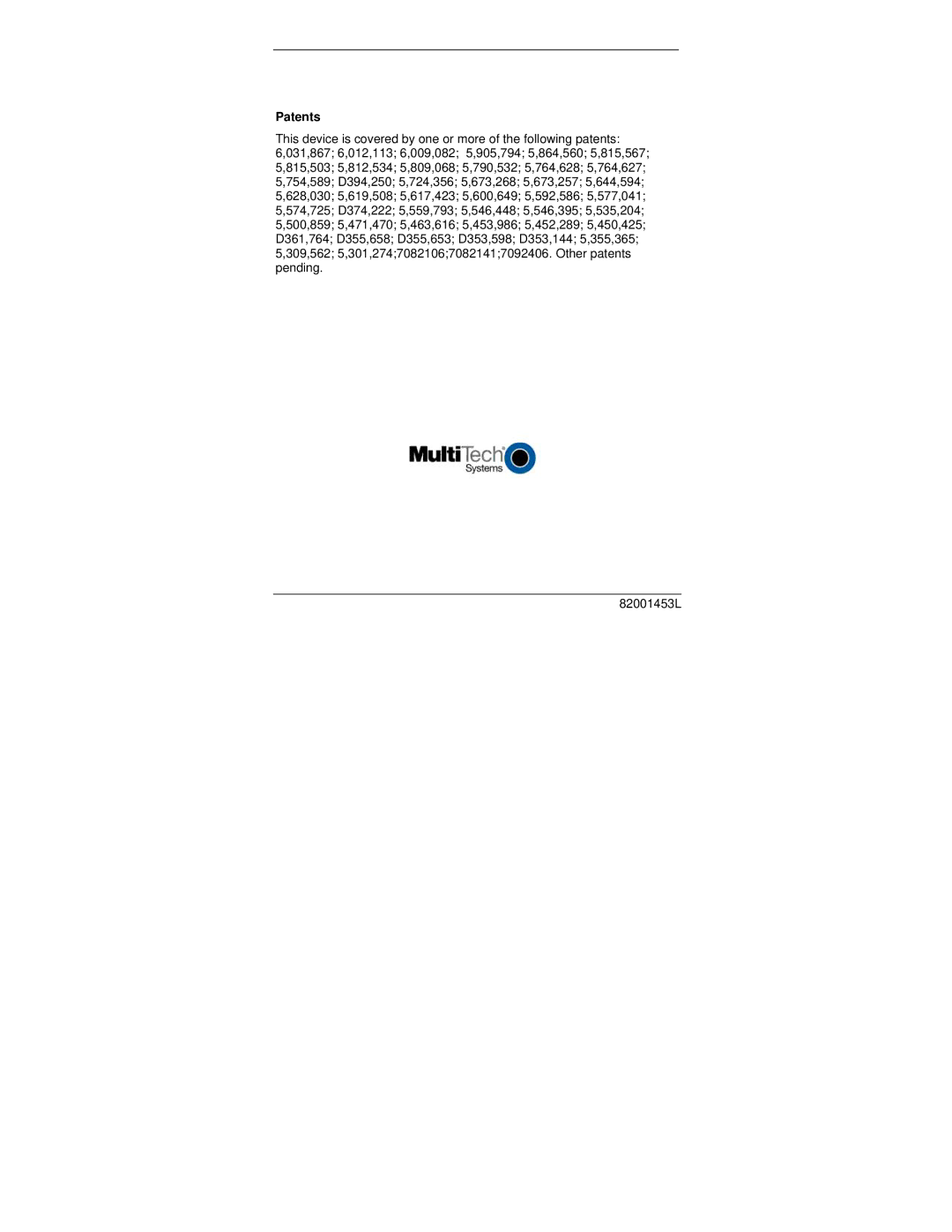 Multi-Tech Systems MT5656ZDX Series quick start Patents 