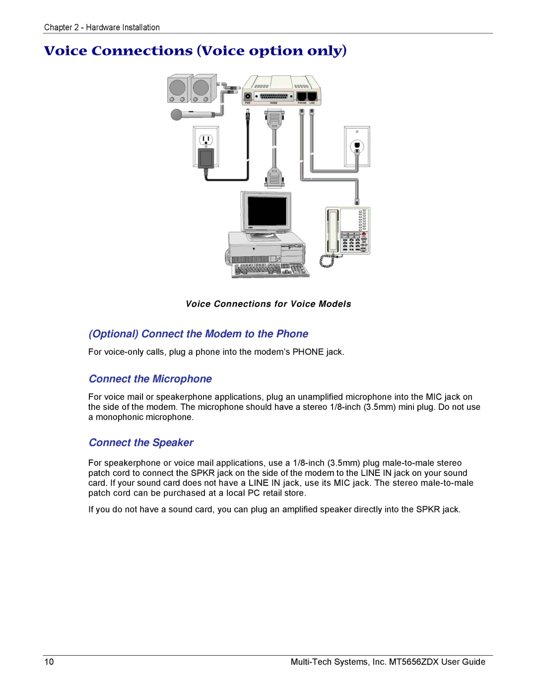 Multi-Tech Systems MT5656ZDX manual Voice Connections Voice option only, Connect the Microphone 