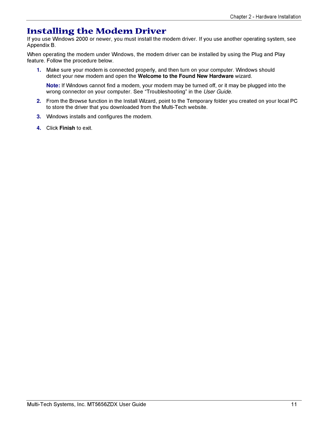 Multi-Tech Systems MT5656ZDX manual Installing the Modem Driver 