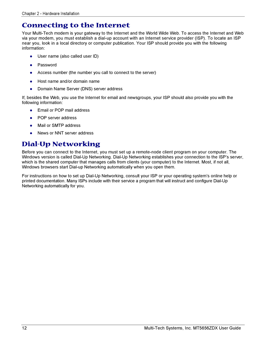 Multi-Tech Systems MT5656ZDX manual Connecting to the Internet, Dial-Up Networking 