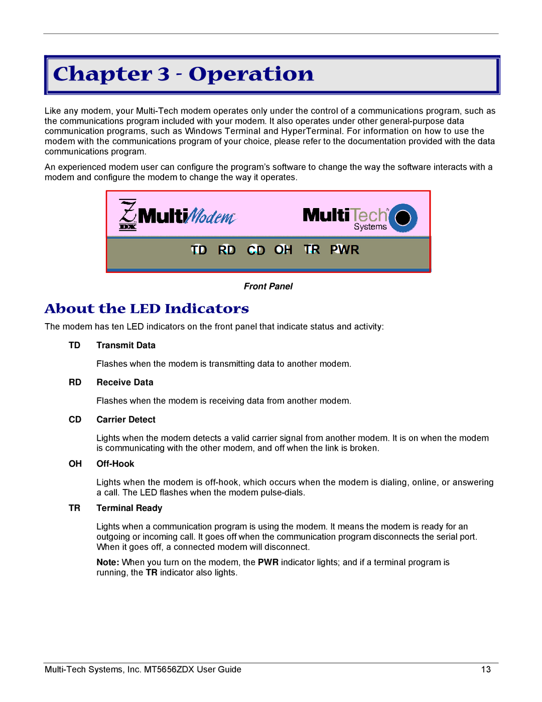 Multi-Tech Systems MT5656ZDX manual Operation, About the LED Indicators 