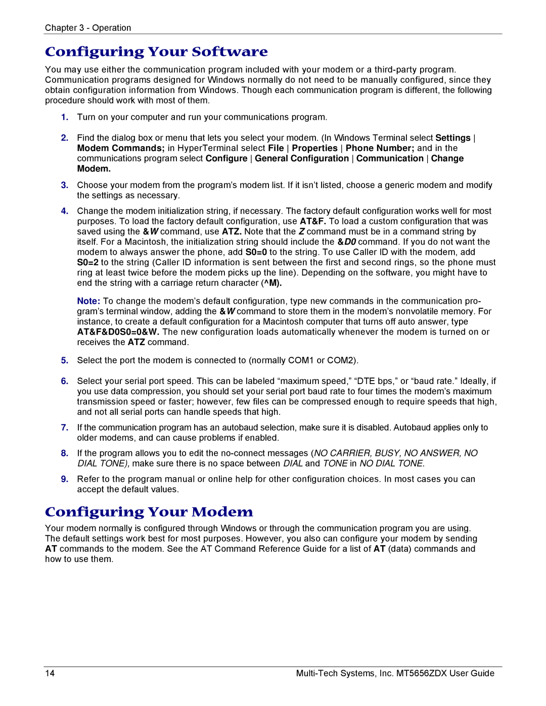 Multi-Tech Systems MT5656ZDX manual Configuring Your Software, Configuring Your Modem 