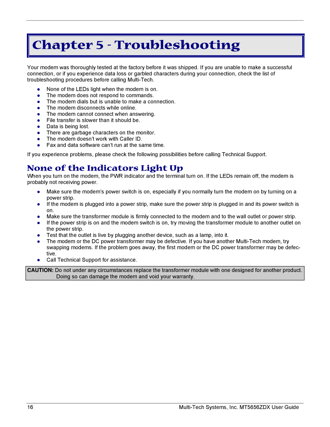 Multi-Tech Systems MT5656ZDX manual Troubleshooting, None of the Indicators Light Up 