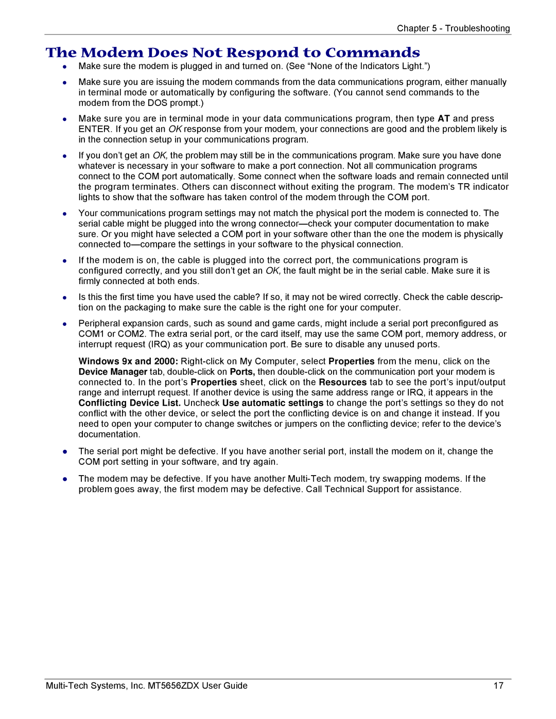 Multi-Tech Systems MT5656ZDX manual Modem Does Not Respond to Commands 