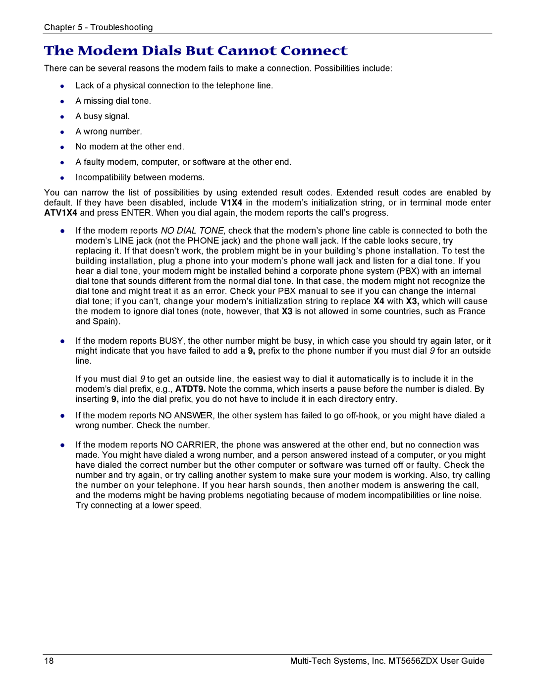 Multi-Tech Systems MT5656ZDX manual Modem Dials But Cannot Connect 