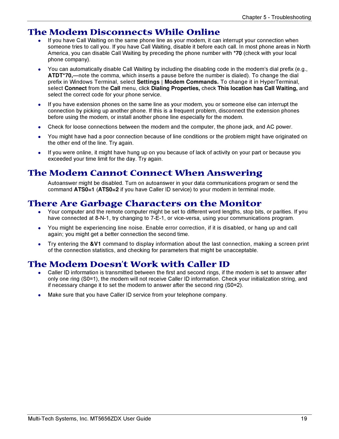 Multi-Tech Systems MT5656ZDX manual Modem Disconnects While Online, Modem Cannot Connect When Answering 