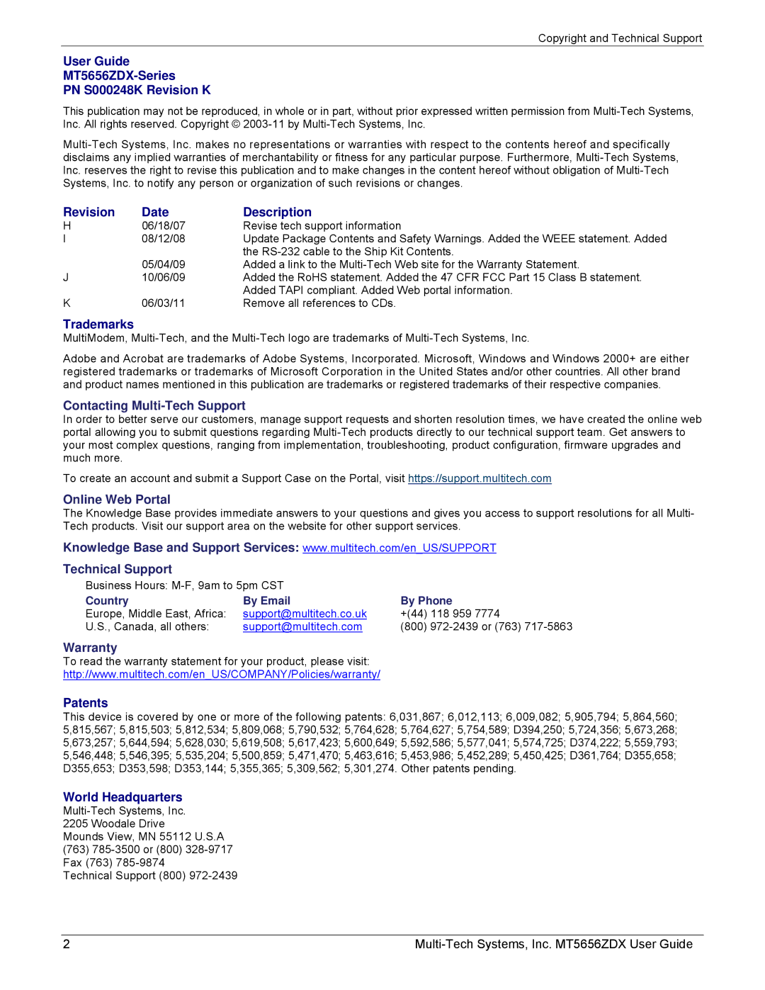 Multi-Tech Systems MT5656ZDX manual Contacting Multi-Tech Support 