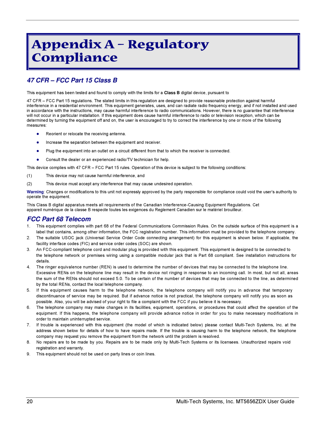 Multi-Tech Systems MT5656ZDX manual Appendix a Regulatory Compliance, CFR FCC Part 15 Class B 