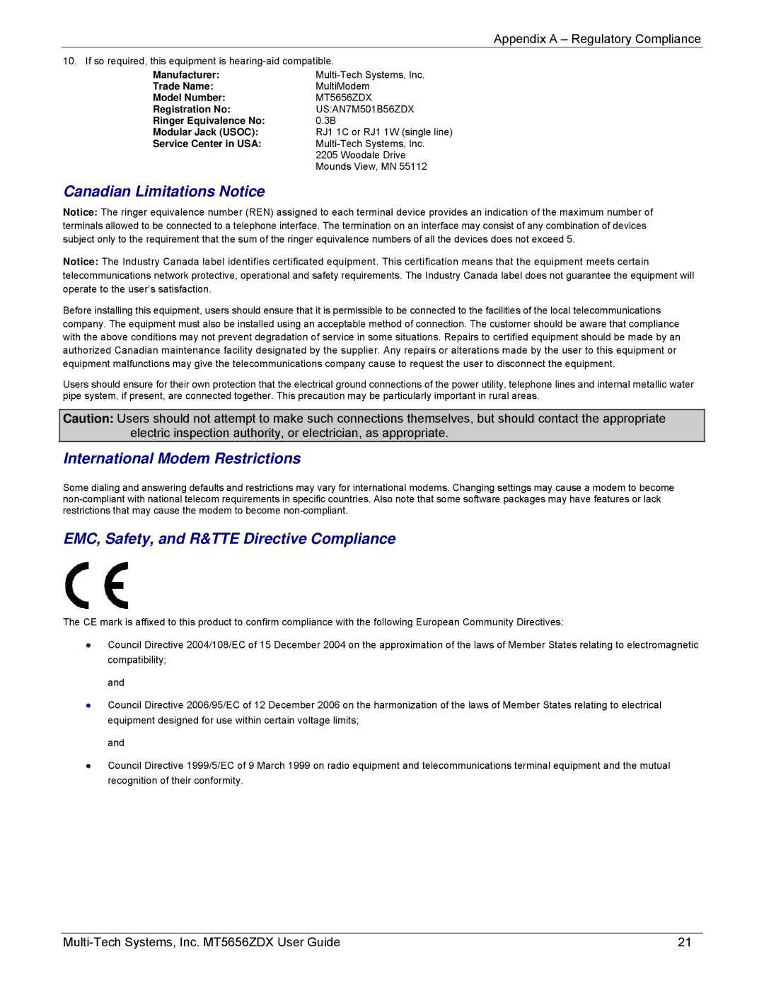 Multi-Tech Systems MT5656ZDX manual Canadian Limitations Notice 