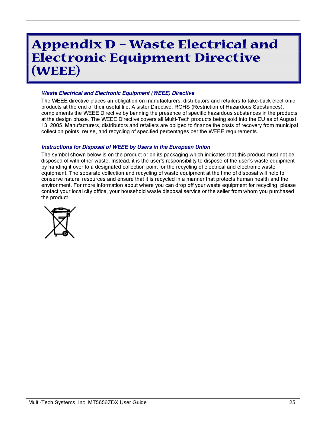 Multi-Tech Systems MT5656ZDX manual Waste Electrical and Electronic Equipment Weee Directive 