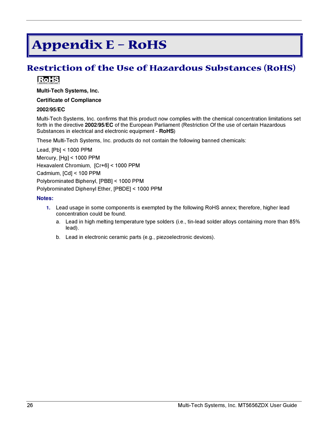 Multi-Tech Systems MT5656ZDX manual Appendix E RoHS, Restriction of the Use of Hazardous Substances RoHS 