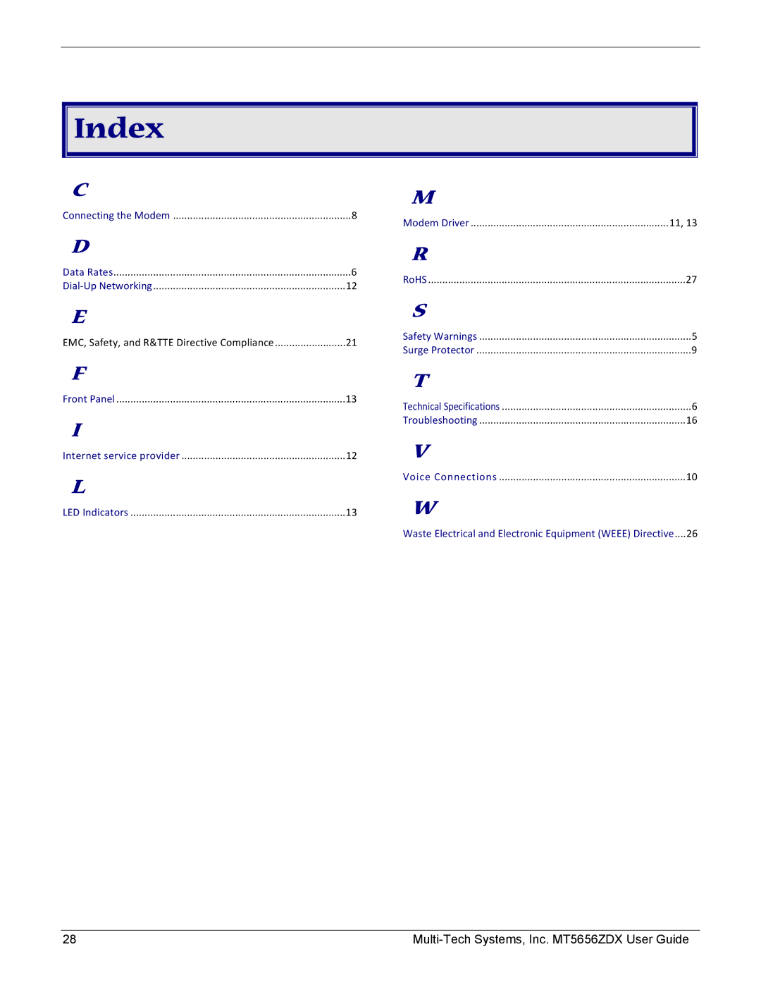 Multi-Tech Systems MT5656ZDX manual Index, Dial-Up Networking 