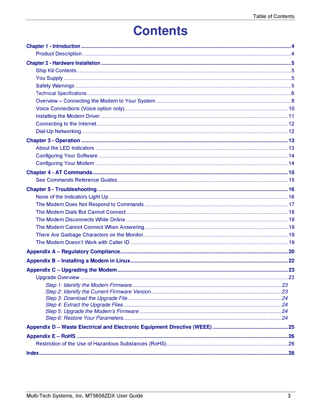 Multi-Tech Systems MT5656ZDX manual Contents 