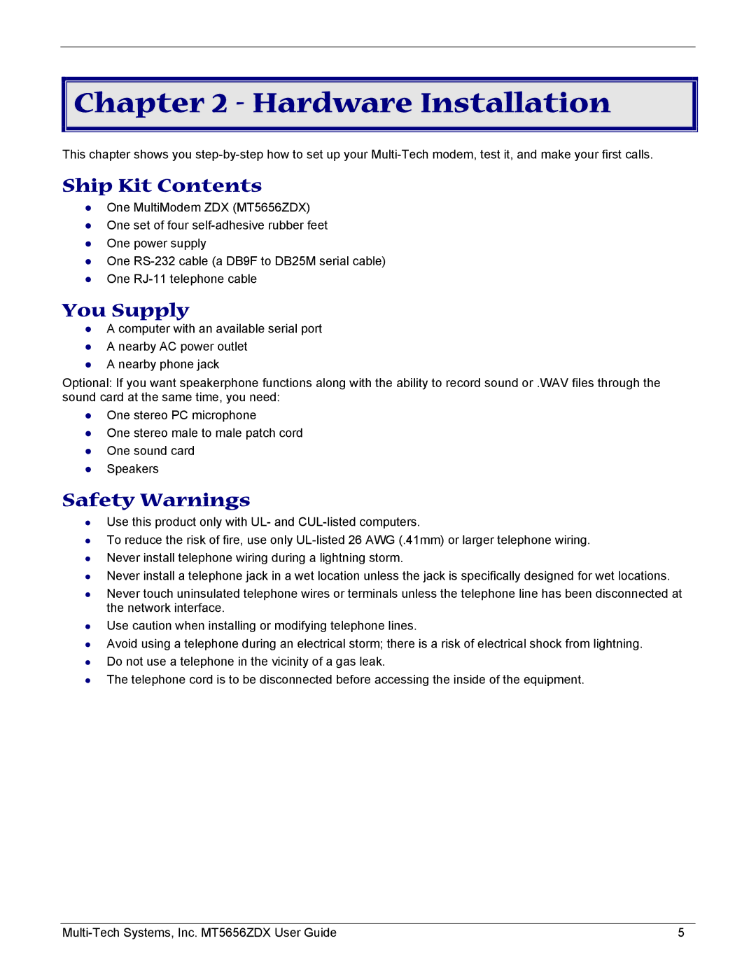 Multi-Tech Systems MT5656ZDX manual Hardware Installation, Ship Kit Contents, You Supply, Safety Warnings 