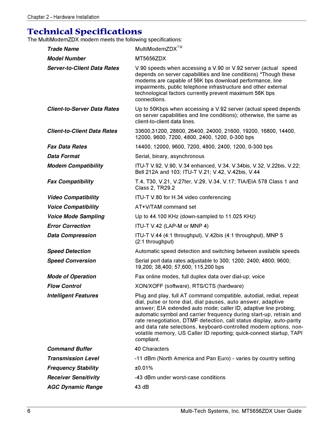 Multi-Tech Systems MT5656ZDX manual Technical Specifications, Server-to-Client Data Rates 