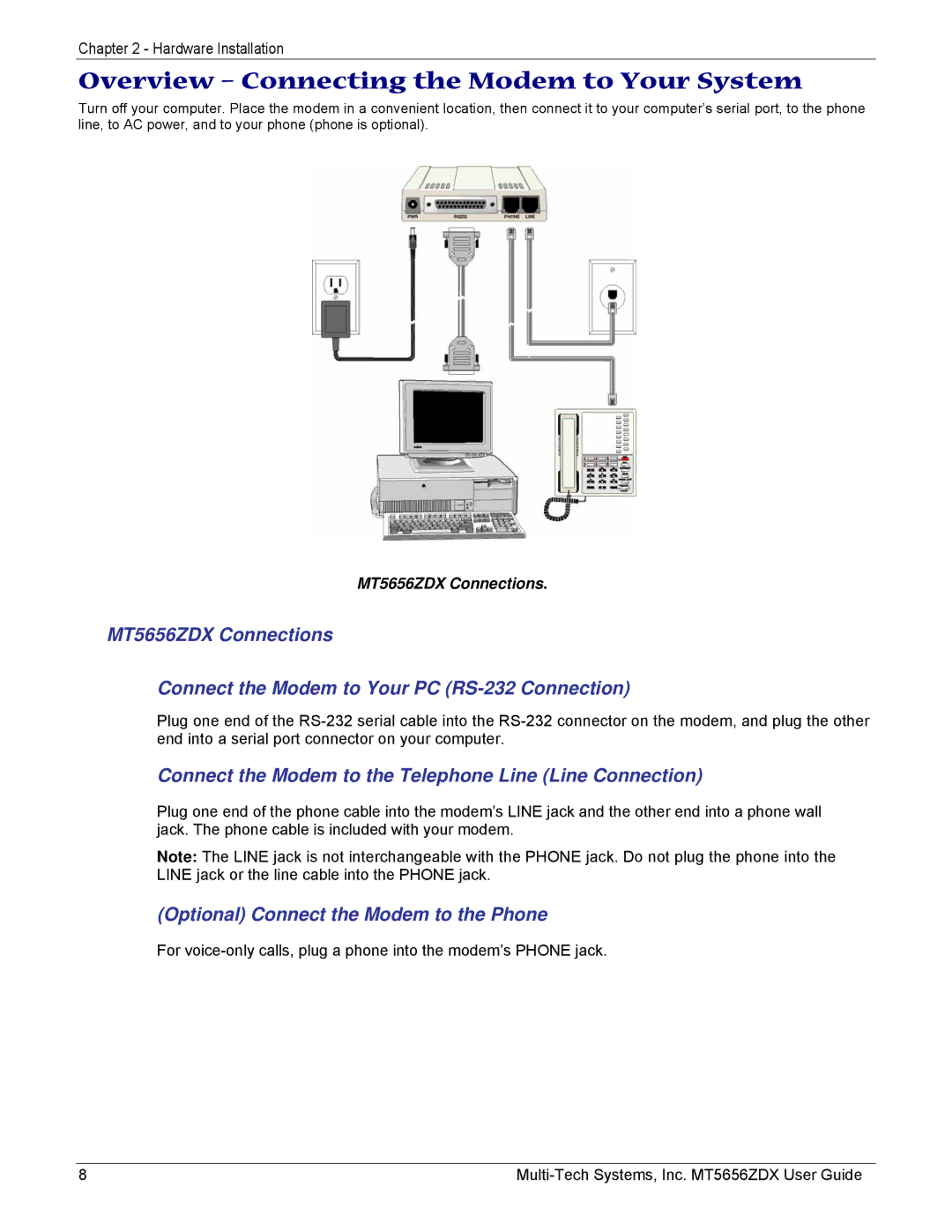 Multi-Tech Systems MT5656ZDX manual Overview Connecting the Modem to Your System 