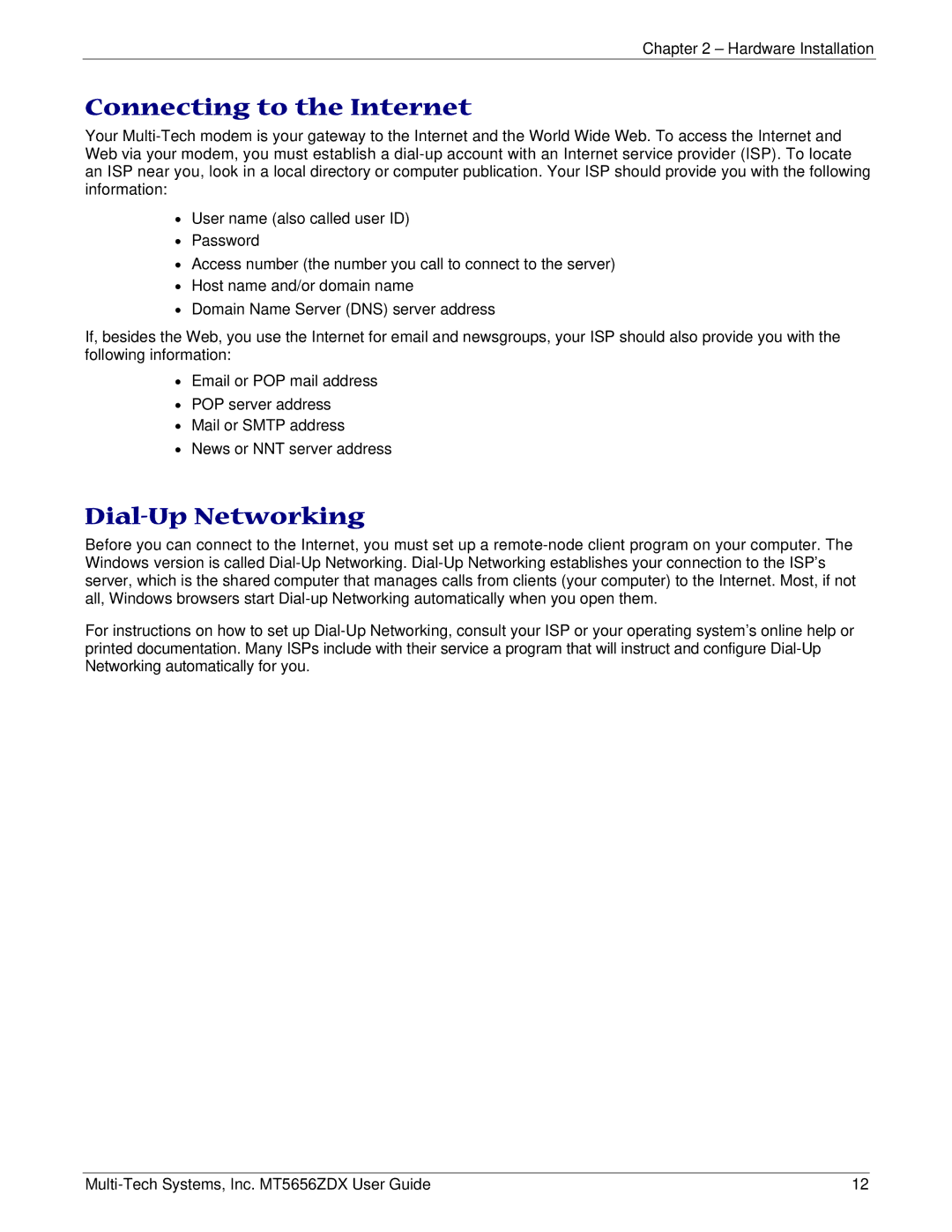 Multi-Tech Systems MT5656ZDX manual Connecting to the Internet, Dial-Up Networking 