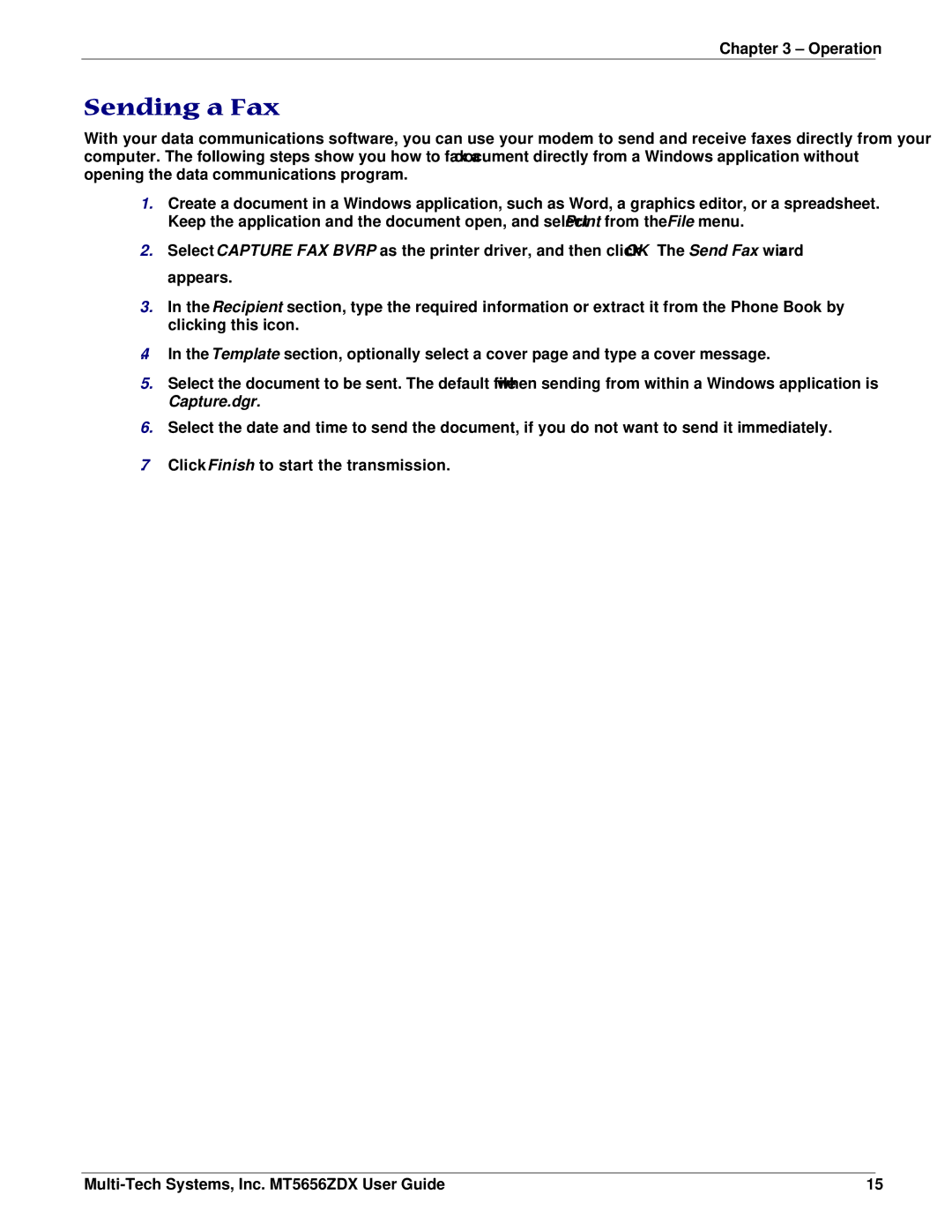 Multi-Tech Systems MT5656ZDX manual Sending a Fax, Capture.dgr 