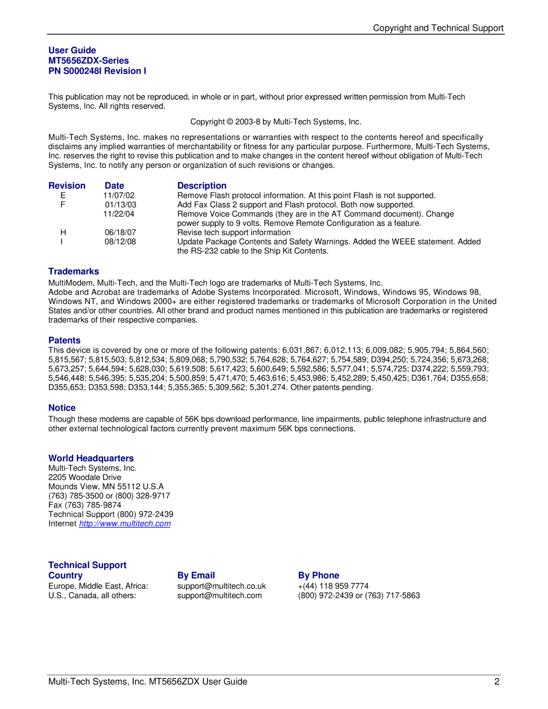 Multi-Tech Systems manual User Guide MT5656ZDX-Series PN S000248I Revision 