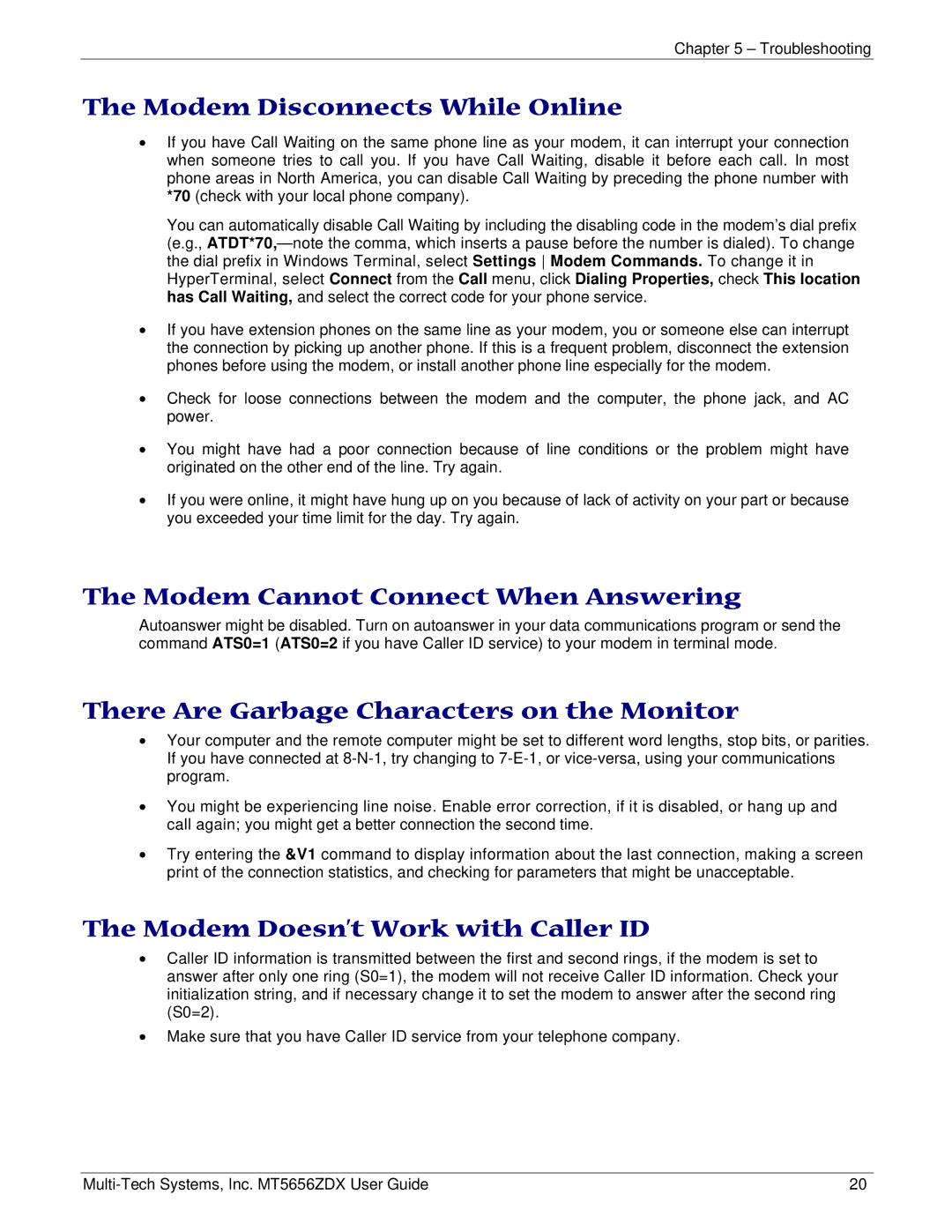 Multi-Tech Systems MT5656ZDX manual Modem Disconnects While Online, Modem Cannot Connect When Answering 