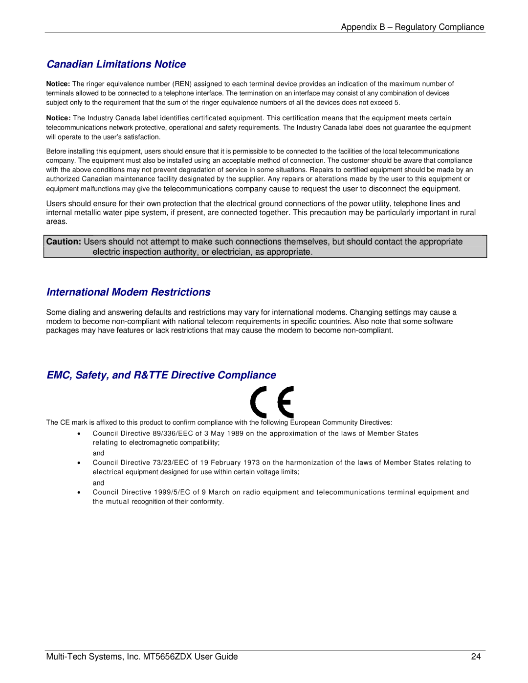 Multi-Tech Systems MT5656ZDX manual Canadian Limitations Notice, International Modem Restrictions 