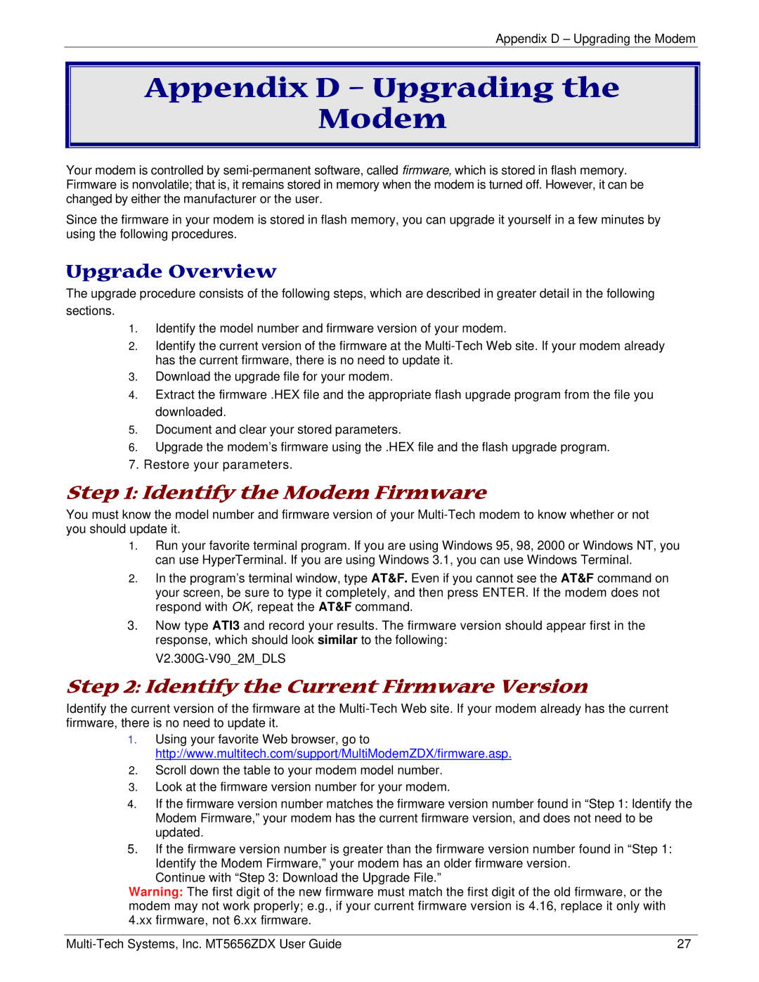 Multi-Tech Systems MT5656ZDX manual Appendix D Upgrading Modem, Upgrade Overview 