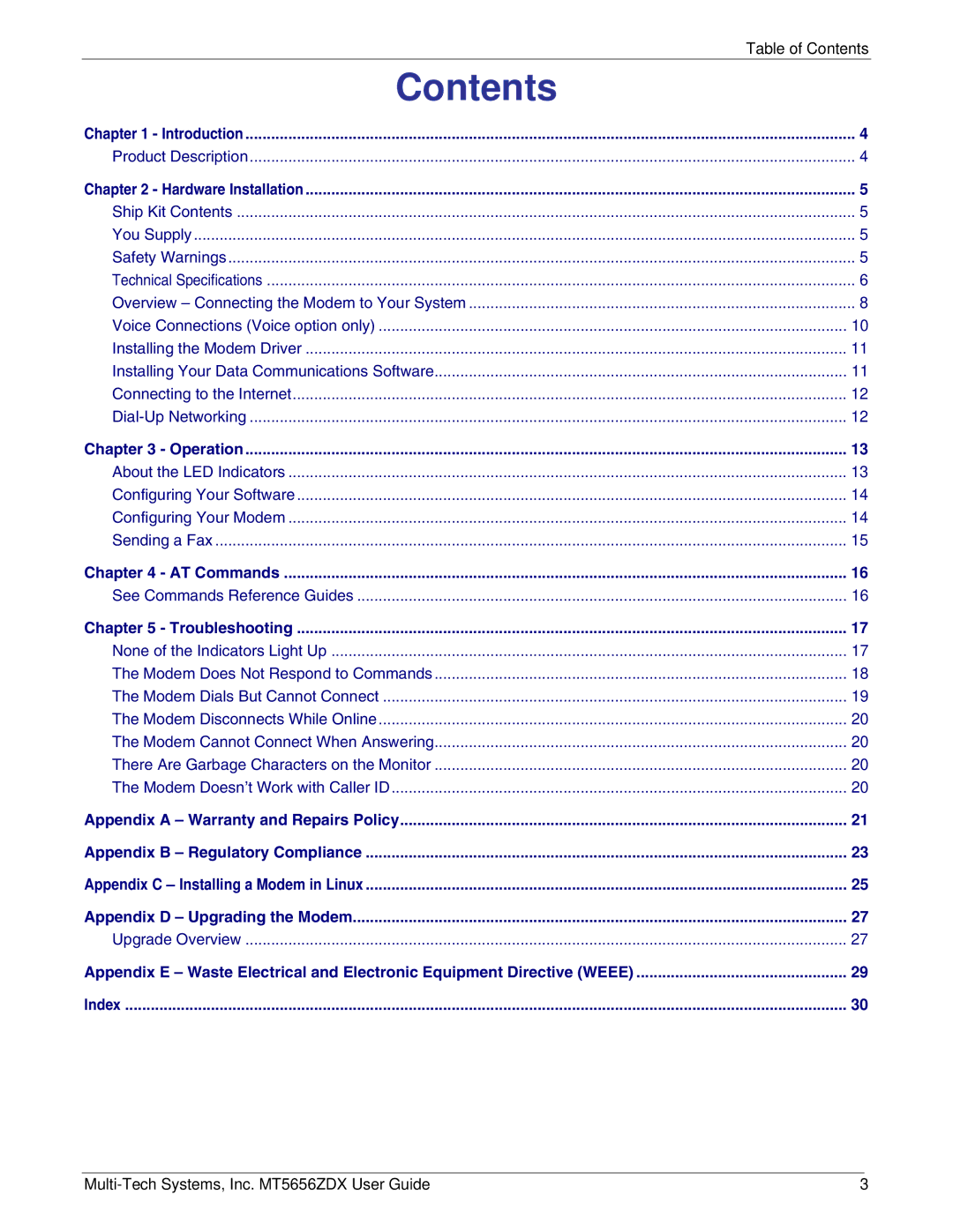 Multi-Tech Systems MT5656ZDX manual Contents 