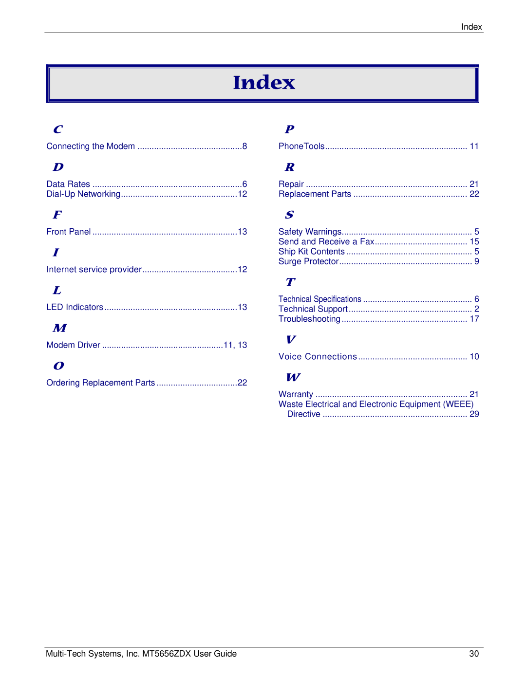 Multi-Tech Systems MT5656ZDX manual Index, Send and Receive a Fax 