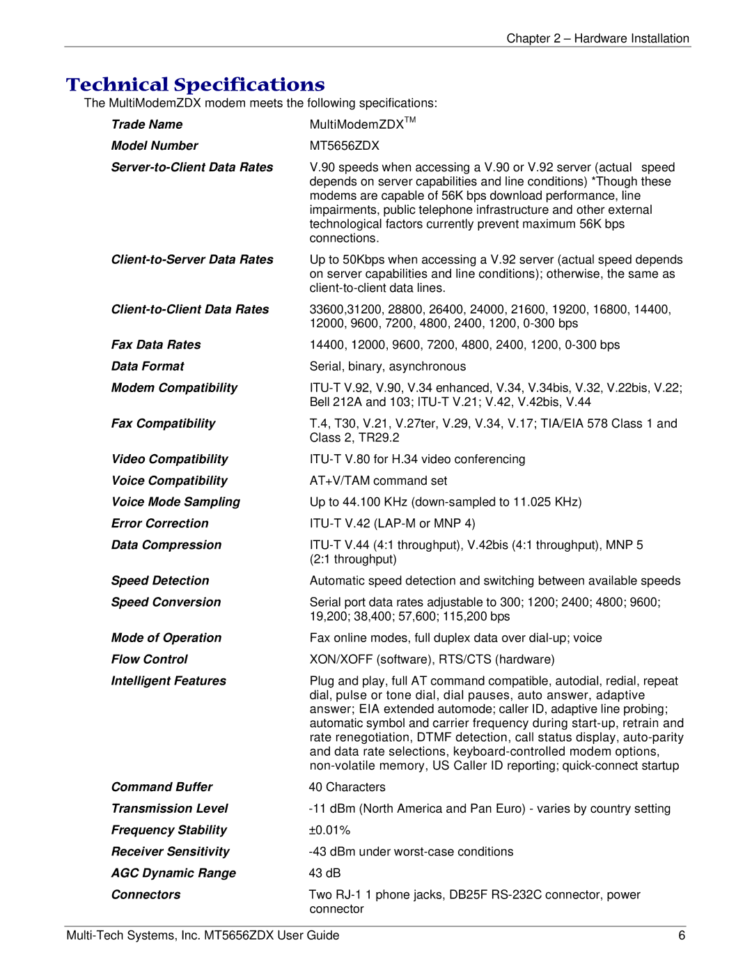 Multi-Tech Systems MT5656ZDX manual Technical Specifications, Server-to-Client Data Rates 