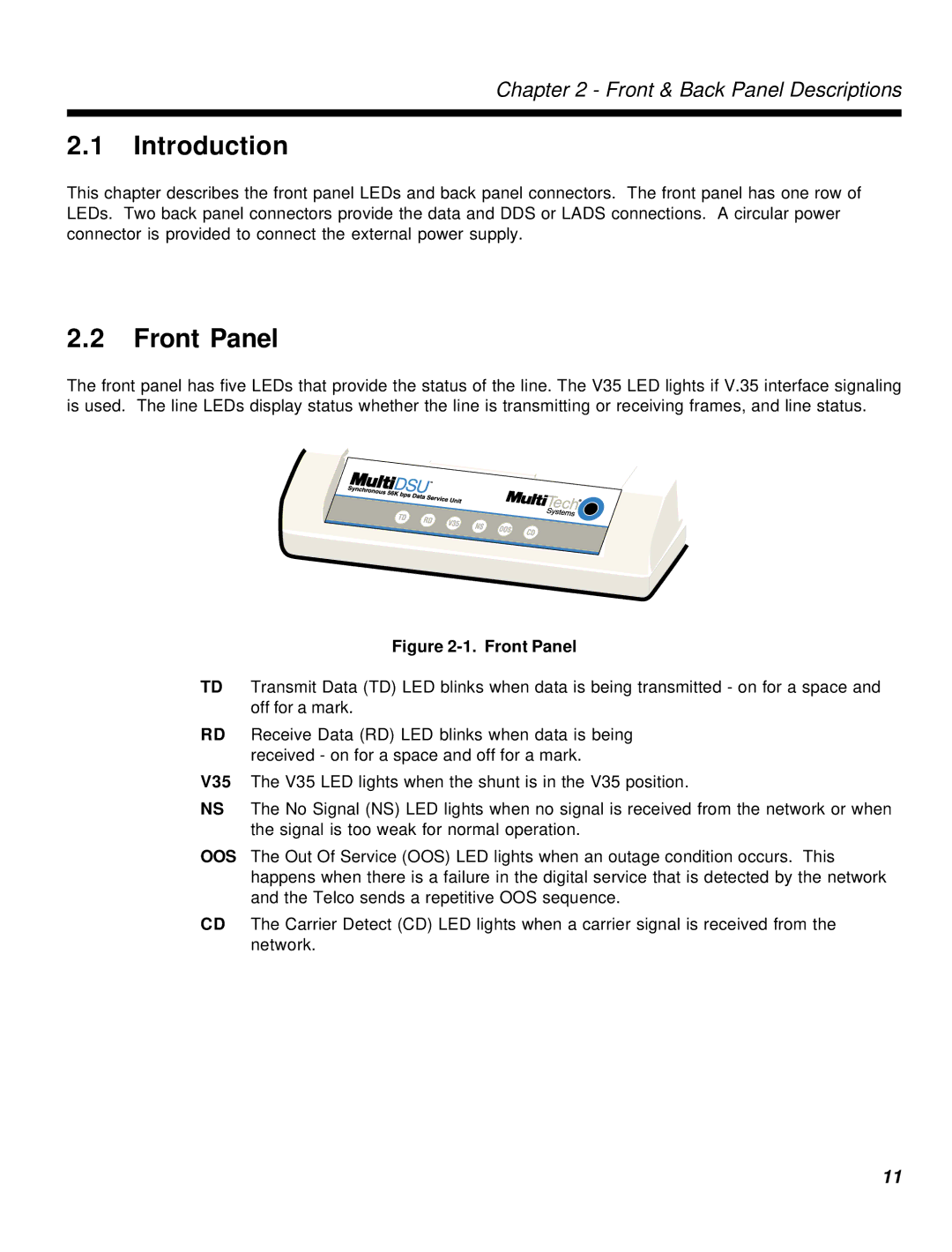 Multi-Tech Systems MT56DSU-S manual Front Panel 