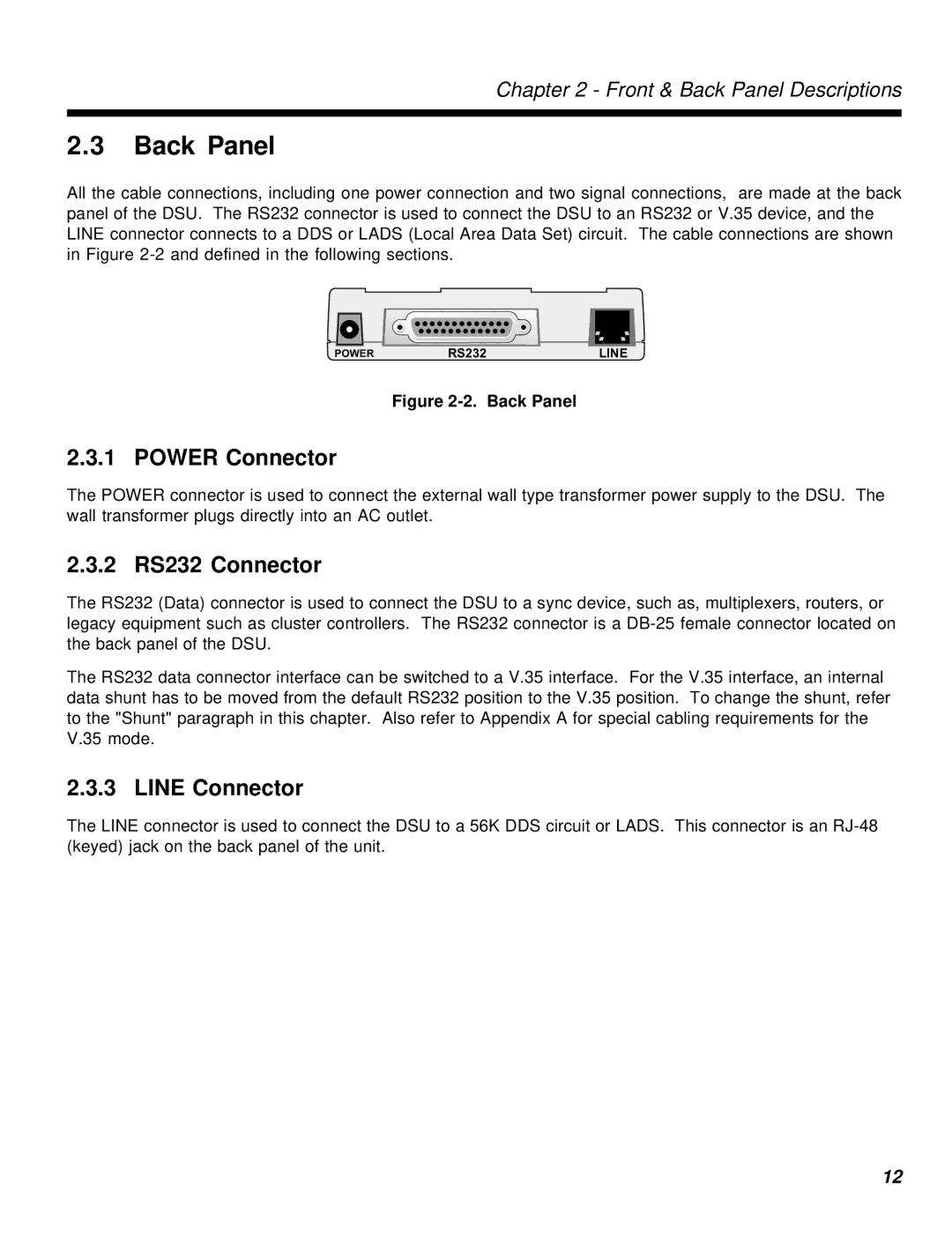 Multi-Tech Systems MT56DSU-S manual Back Panel, Power Connector, 2 RS232 Connector, Line Connector 