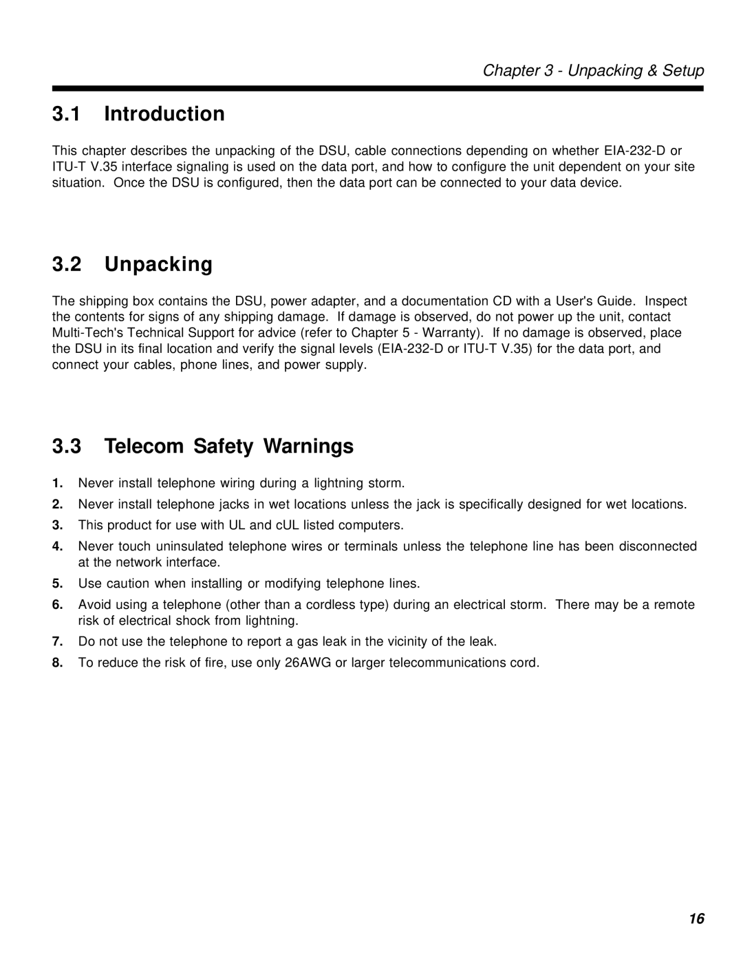 Multi-Tech Systems MT56DSU-S manual Unpacking, Telecom Safety Warnings 