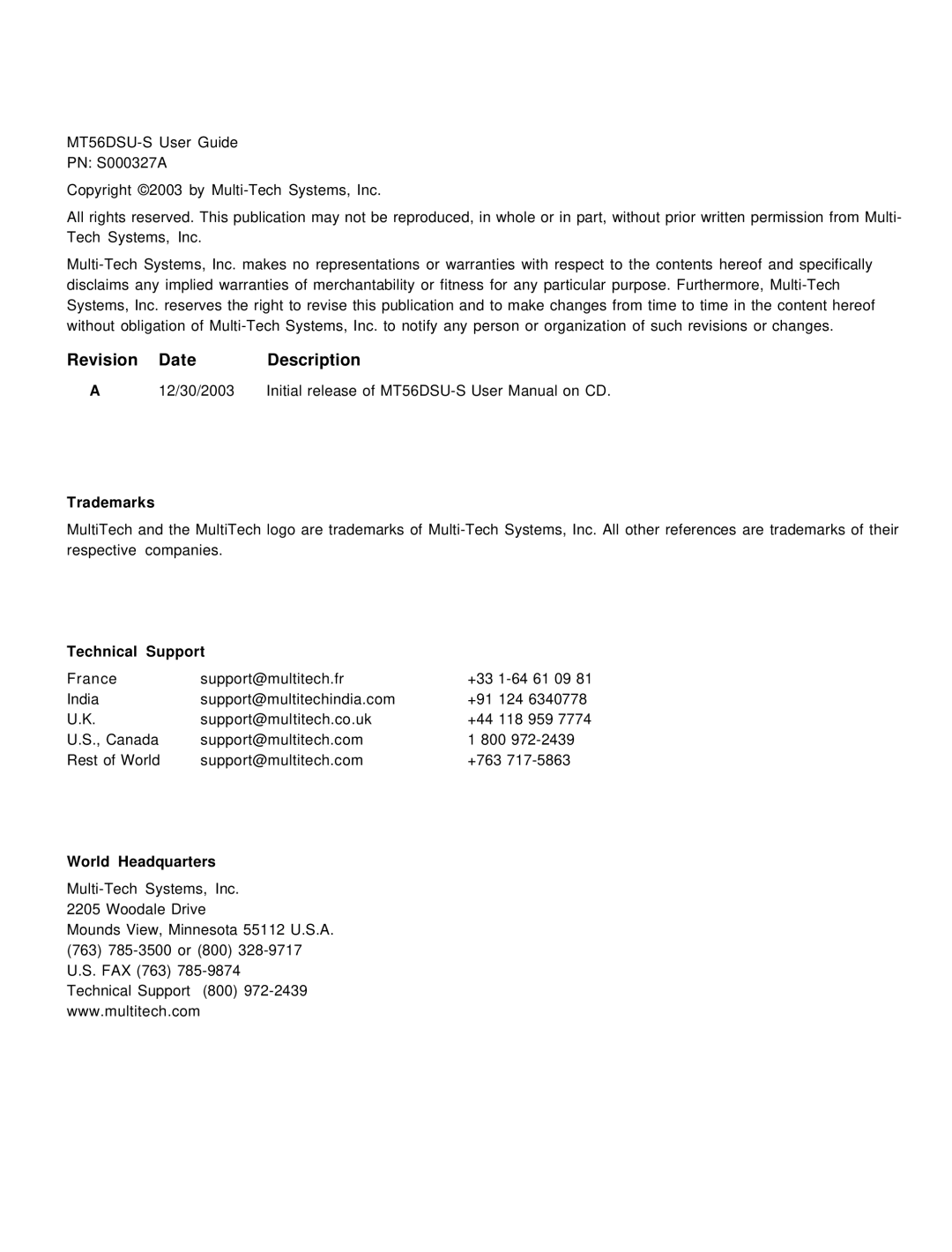 Multi-Tech Systems MT56DSU-S manual Revision Date Description 