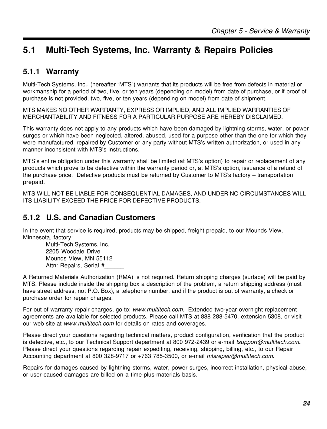 Multi-Tech Systems MT56DSU-S manual Multi-Tech Systems, Inc. Warranty & Repairs Policies, 2 U.S. and Canadian Customers 