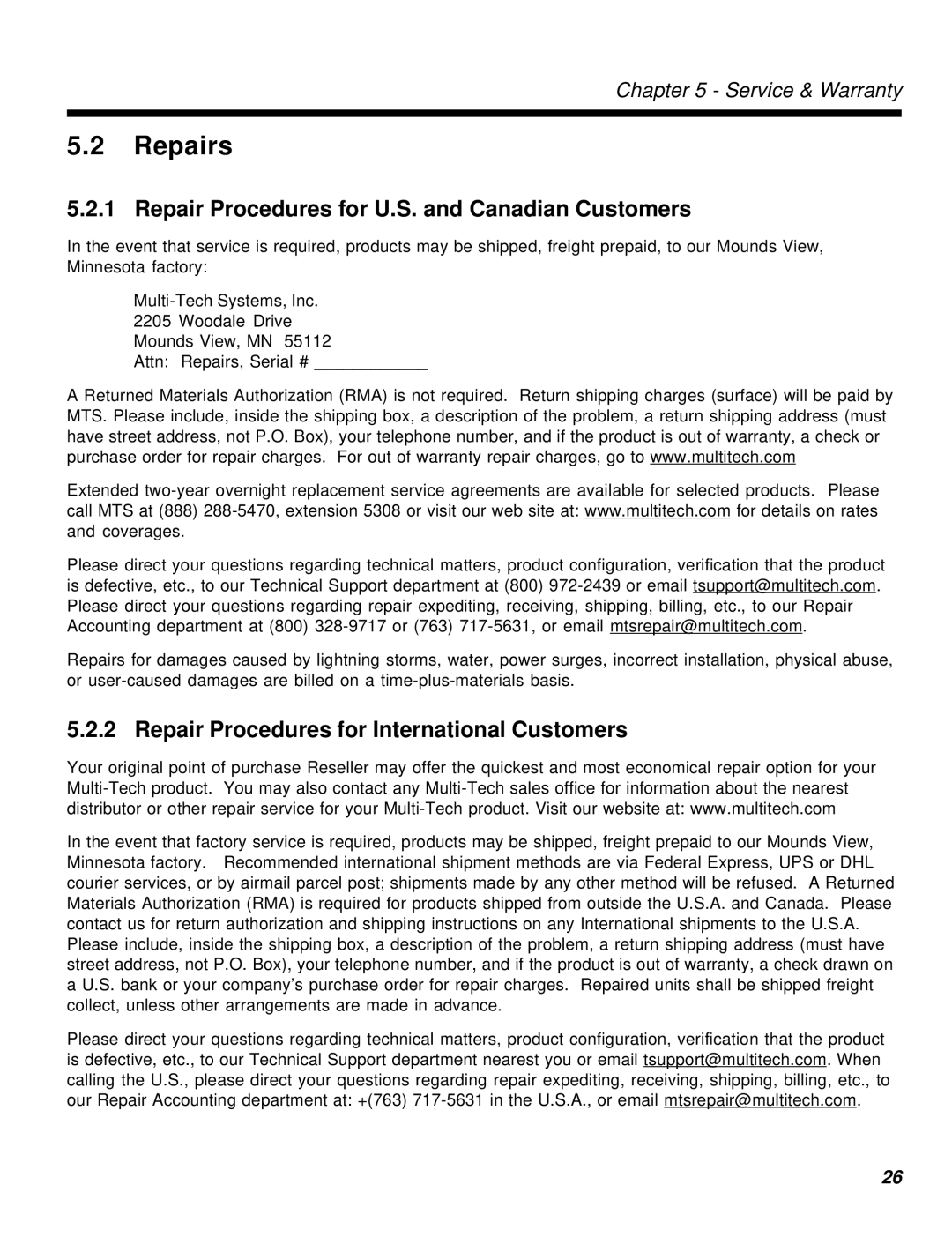 Multi-Tech Systems MT56DSU-S manual Repairs, Repair Procedures for U.S. and Canadian Customers 