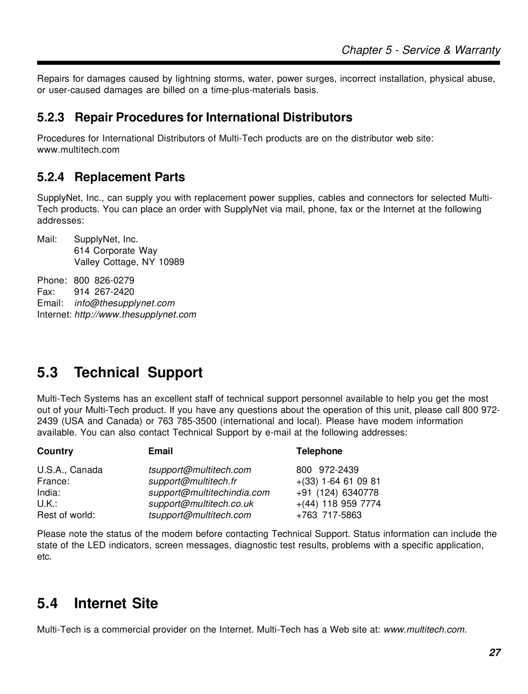 Multi-Tech Systems MT56DSU-S manual Technical Support, Internet Site 