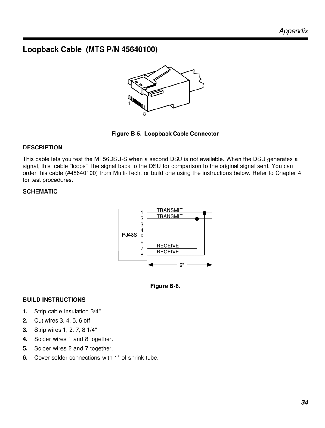 Multi-Tech Systems MT56DSU-S manual Loopback Cable MTS P/N, Build Instructions 